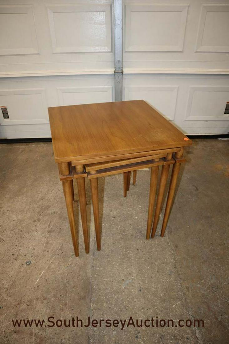 3 Piece Walnut John Widdicomb Mid Century Stack Tables: 3 piece walnut John Widdicomb mid century stack tables. Dimensions: Large table: 22"l x 22"w x 24"h, Center table: 18"w x 20"l x 23"h, Small table: 18"l x 14"w x 22"h