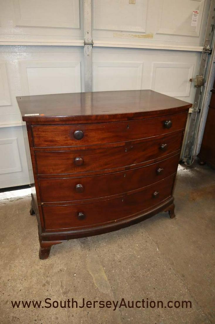 Antique Solid Mahogany Hepplewhite Style Bachelor's: Antique solid mahogany 4 drawer bow front bachelor's chest with Hepplewhite style feet. Original finish. Dimensions: 42"w x 24"d x 38"t