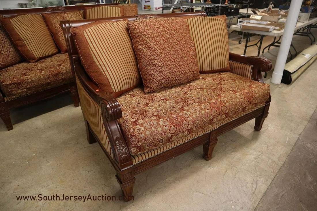Nice Antique Style Carved Mahogany Finish Frame: Nice antique style carved mahogany finished frame loveseat with pillows. Dimensions: 59"l x 40"d x 40"h
