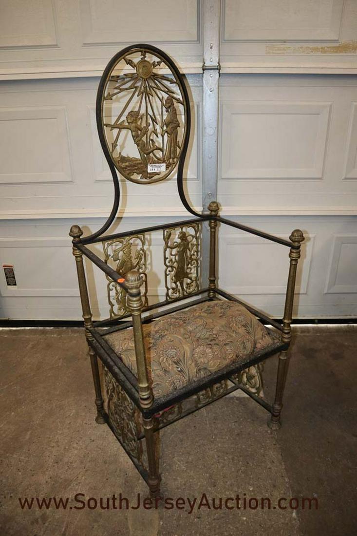 Antique Bronze & Iron Throne Chair Attributed to Oscar: Antique bronze and iron throne chair with fancy figural medallion backs, attributed to Oscar Bach. Missing arm pads. Dimensions: 22"w x 18"d x 41"h