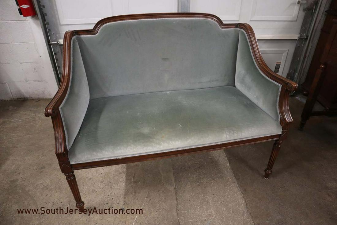 Vintage Sheraton Style Solid Mahogany Frame Loveseat: Vintage Sheraton style solid mahogany frame upholstered loveseat. Dimensions: 46"l x 24"d x 38"t