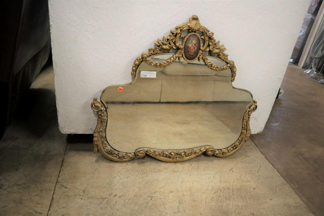 Fancy Carved Mirror with Cameo Portrait Top, Semi Antiq: Semi Antique Fancy Carved Mirror with Cameo Portrait Top Wall Hanging Mirror. Approx. Dimensions: 33" x 29"