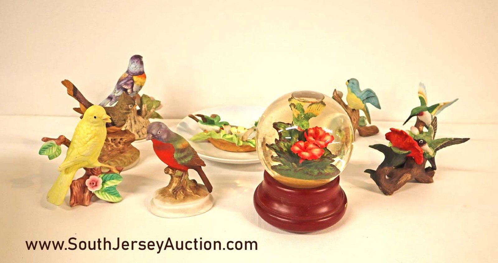 Assorted lot of 9 items porcelain birds, rose music: Assorted lot of 9 items porcelain birds, rose music humming bird snow globe, Jonathon Byron humming bird collectable plate
