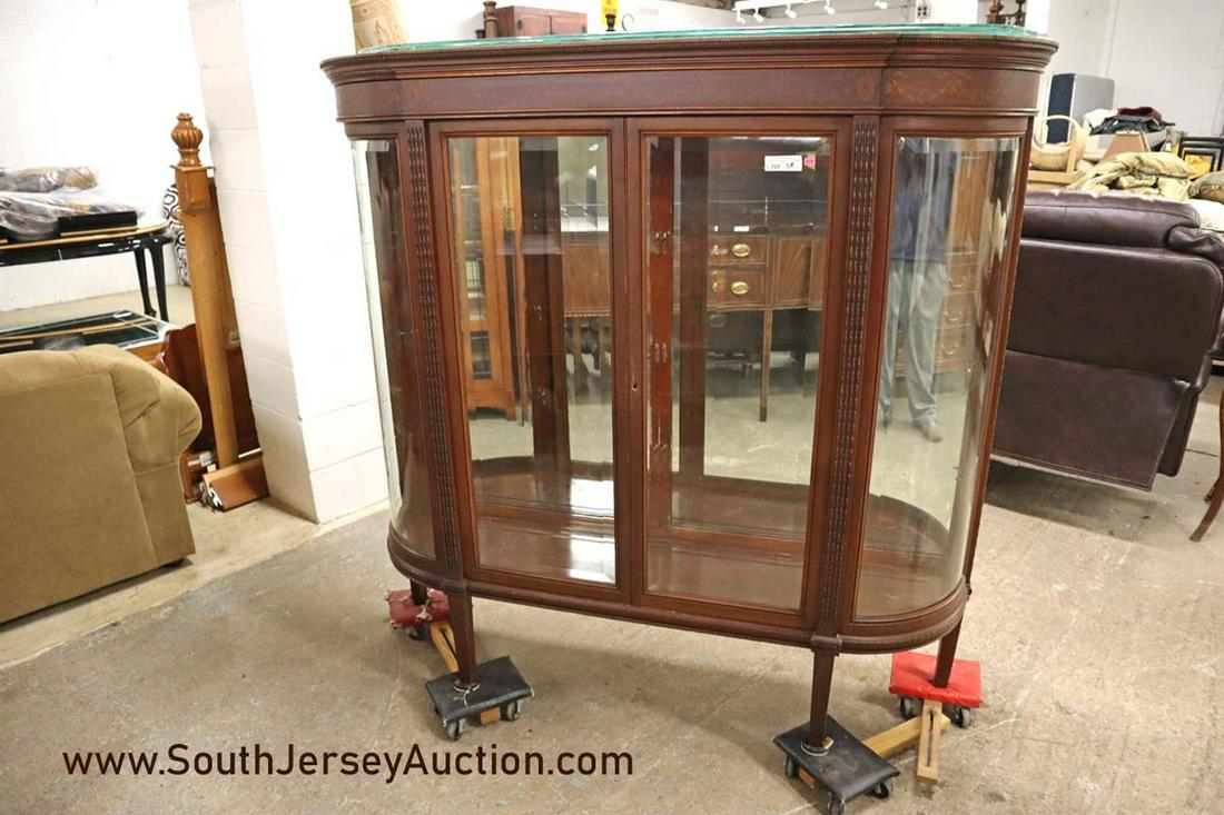 Antique mahogany and inlay Edwardian style with curved: Antique mahogany and inlay Edwardian style with curved glass sides 2 door mirrored back crystal cabinet with original glass shelves approx. 62" w x 17" d x 59" h