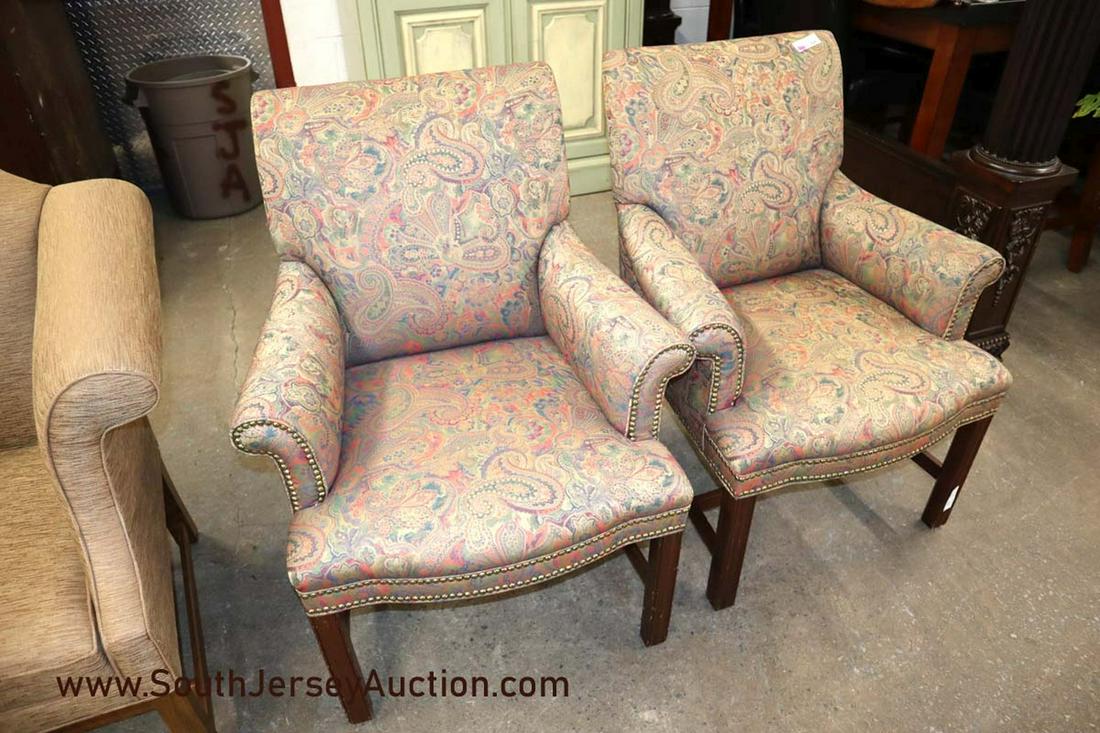 Pair of upholstered decorator Chippendale style tacked (1 of 2)