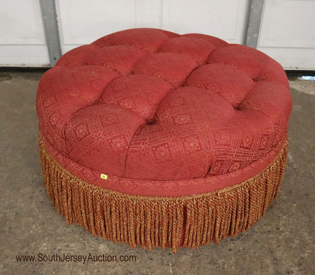 36" red button tuft ottoman with fringe (1 of 2)