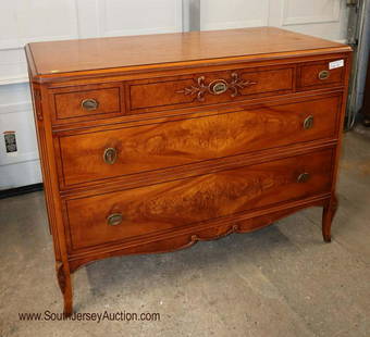 Antique mahogany 5 drawer low chest: Antique mahogany 5 drawer low chest with burl drawer fronts and carved accents by Landstrom Furniture circa 1920-1930 approx. 46" x 22" x 35"