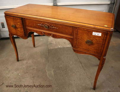 Antique mahogany  vanity Landstrom furniture ca: Antique mahogany 3 drawer vanity with burl drawer fronts and carved accents by Landstrom furniture circa 1920-1930 approx. 46" x 19" x 30