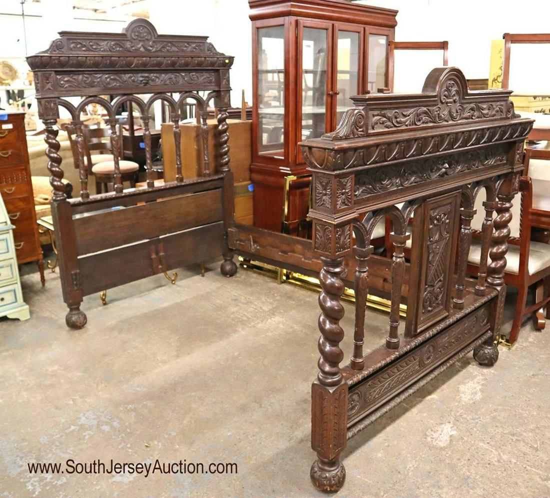 Antique highly carved & ornate oak high back bed (1 of 8)