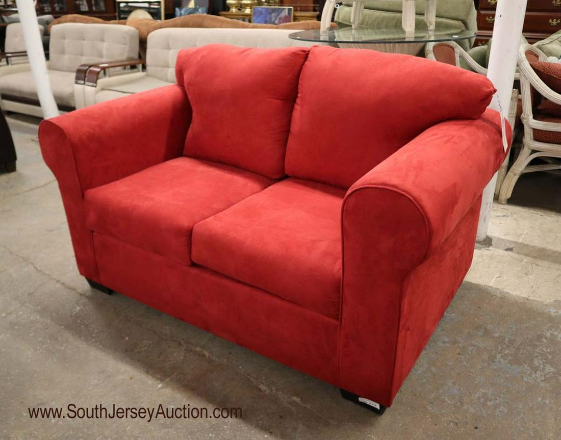 Hot Red velour upholstered even arm loveseat: Hot Red velour upholstered even arm loveseat approx. 60 x 37 x 30