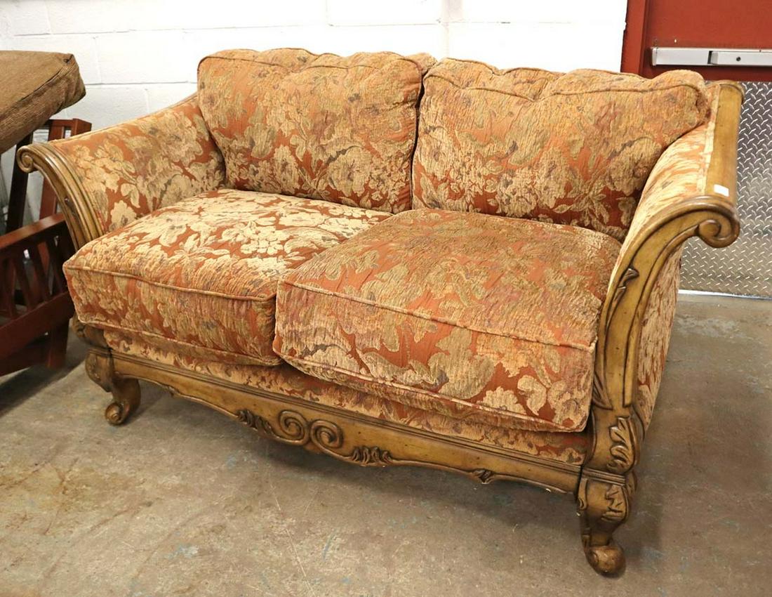Ashely upholstery on wood loveseat: Ashely upholstery on wood 2 cushion loveseat approx. 67" w x 38" d x 38" h