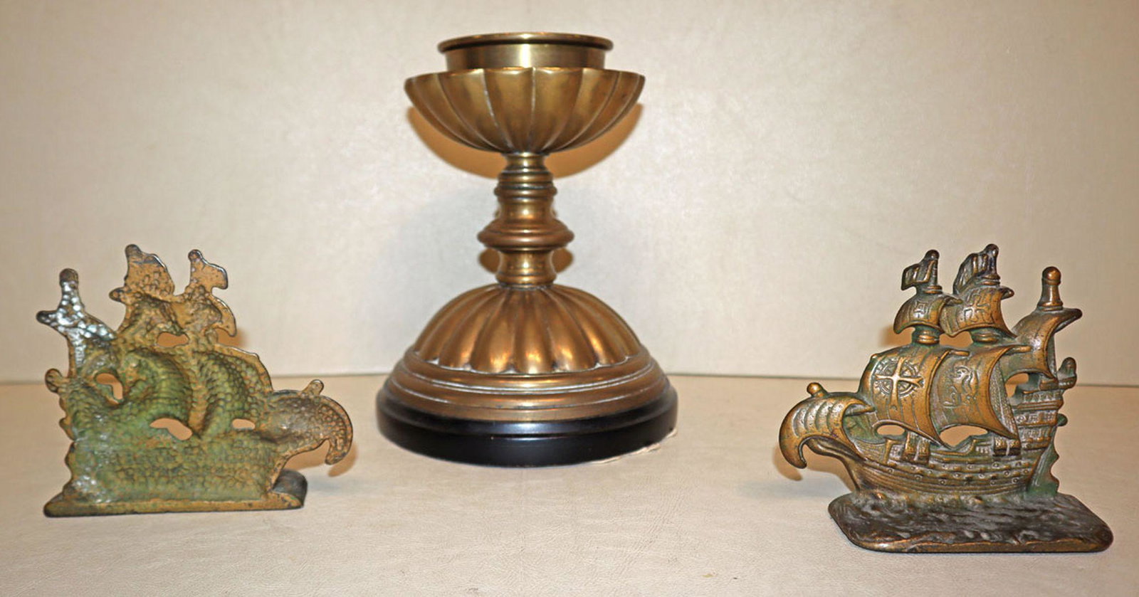 Bronze ship bookends,brass/marble candlestand (1 of 1)