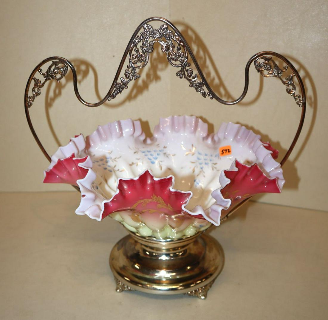 Antique Victorian art glass wedding basket & holder (1 of 3)