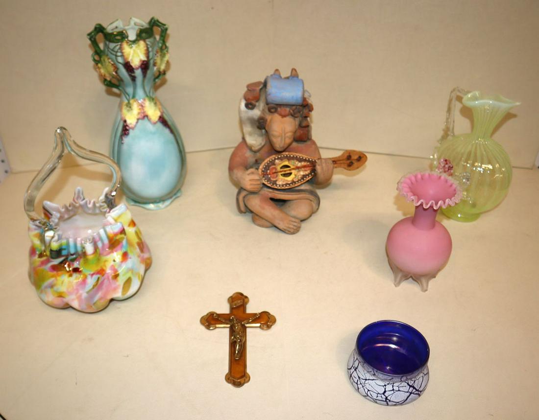 6 art glass items, Carl Radak, clay aztec man (1 of 3)