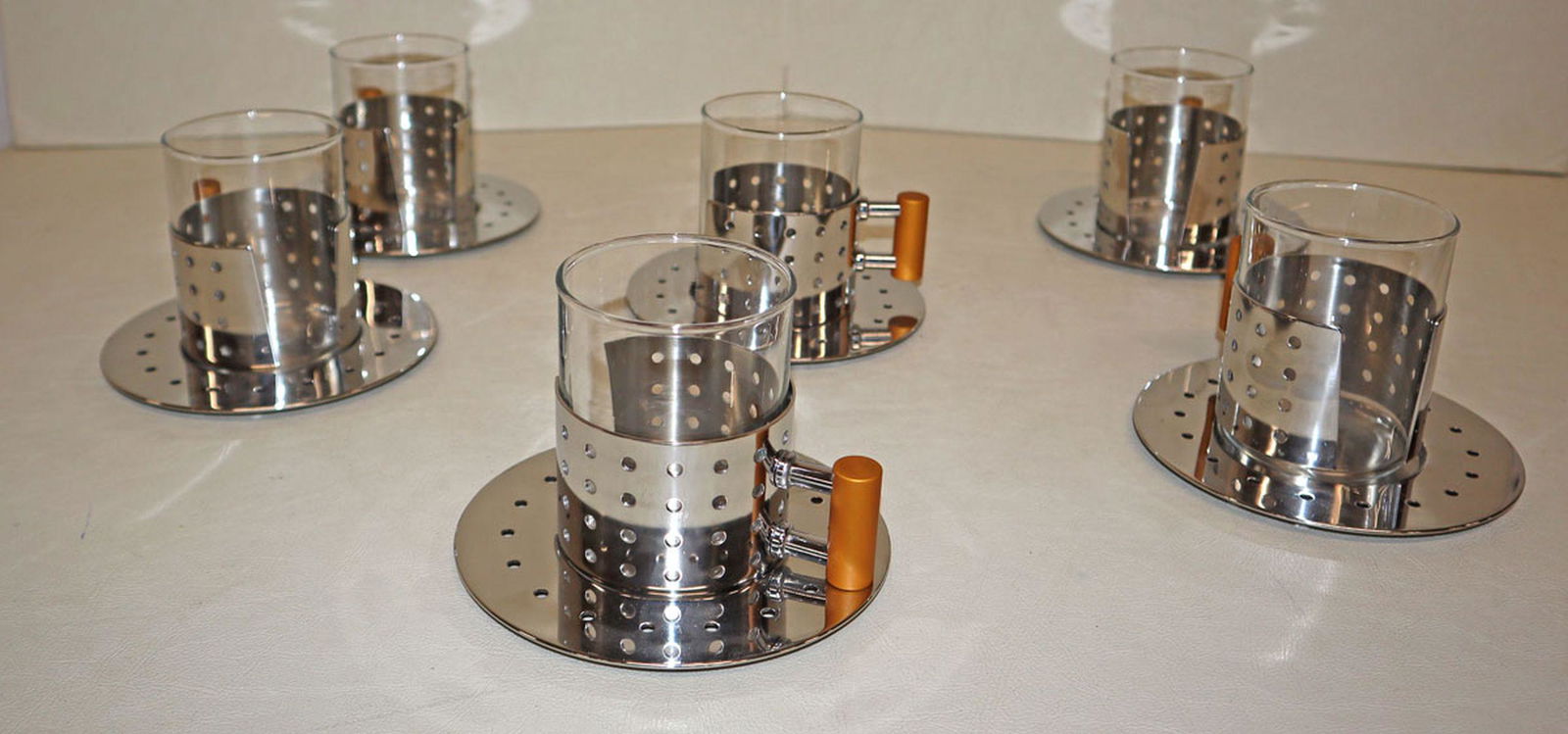 Pyrex Cool ultra modern coffee cups, saucers: Cool ultra modern 6 coffee cups an saucers by Pyrex