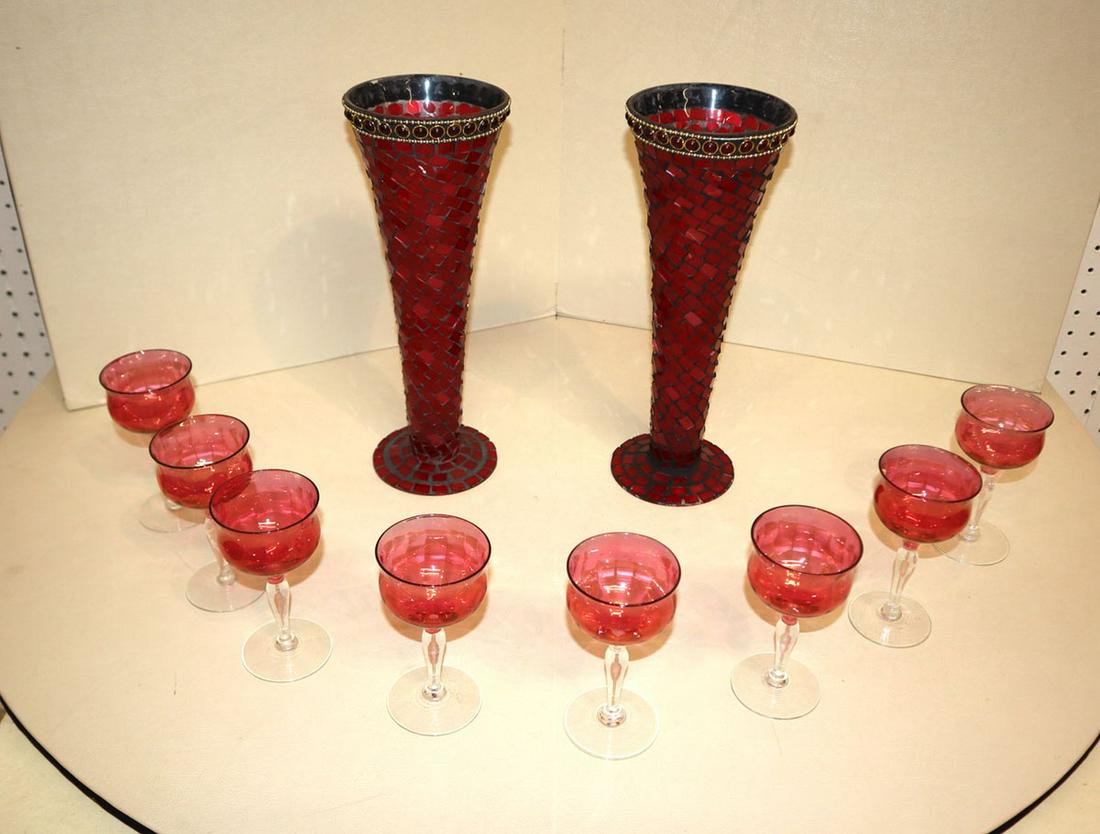 Ruby red glass stems and 2 mosaic glass vases (1 of 3)