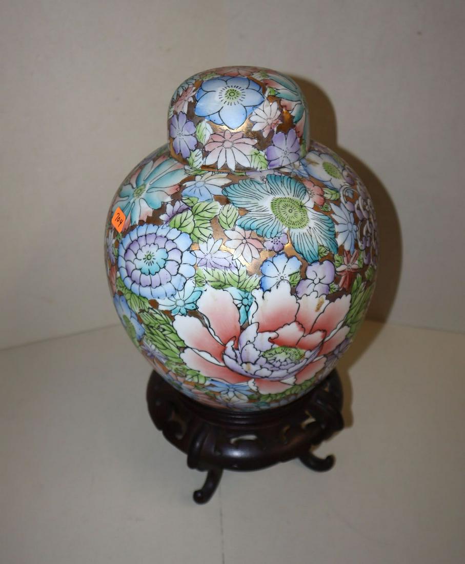 Asian covered jar on elevate mahogany stand (1 of 2)
