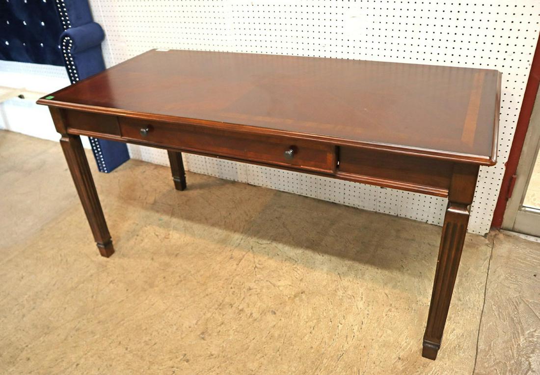 Contemporary mahogany banded top 1 drawer desk: Contemporary mahogany banded top 1 drawer desk approx. 60" w x 28" d x 30" h