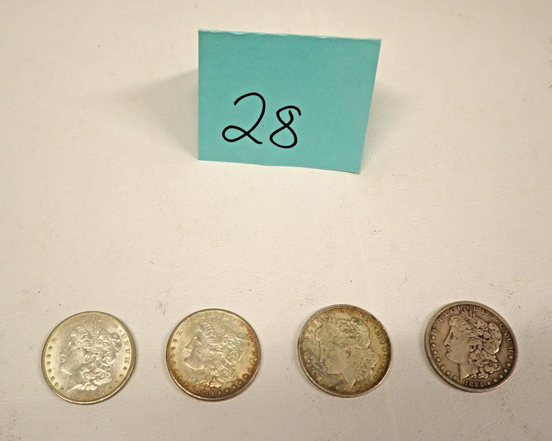 Group lot of 4 US Morgan Silver dollars 1-1884 1-1899-O (1 of 4)