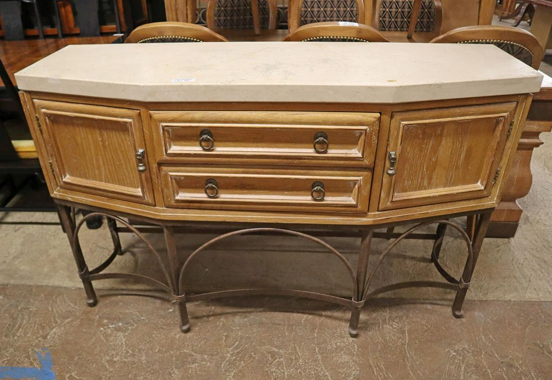 Drexel Heritage marble top sidebaord: Drexel Heritage Marble top country oak on iron base 2 drawer 2 door sideboard buffet approx. 60" w x 19" d x 39" h