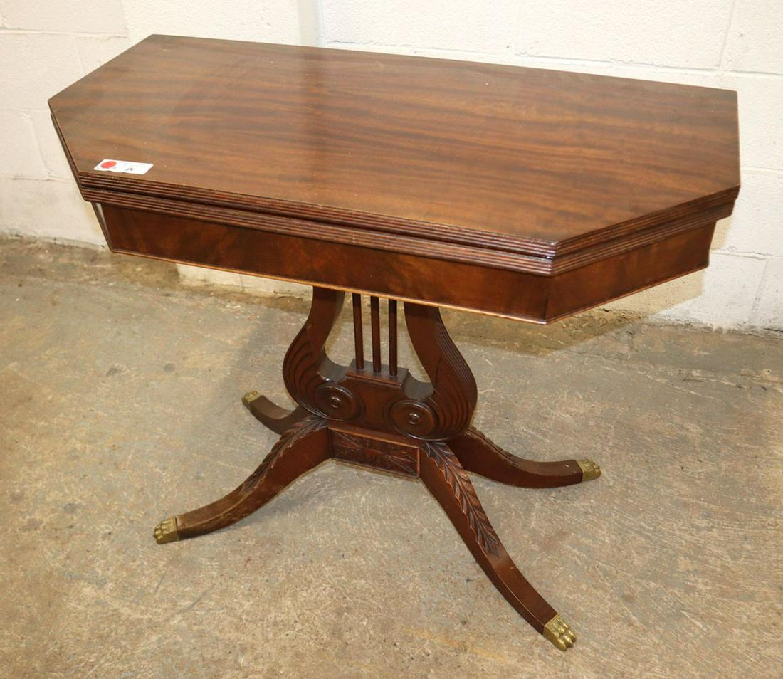 Vintage Duncan Phyfe style flip top game table: Vintage mahogany Duncan Phyfe style flip top game table approx. 37" w x 19" d x 30" h when open 37" w x 38" d