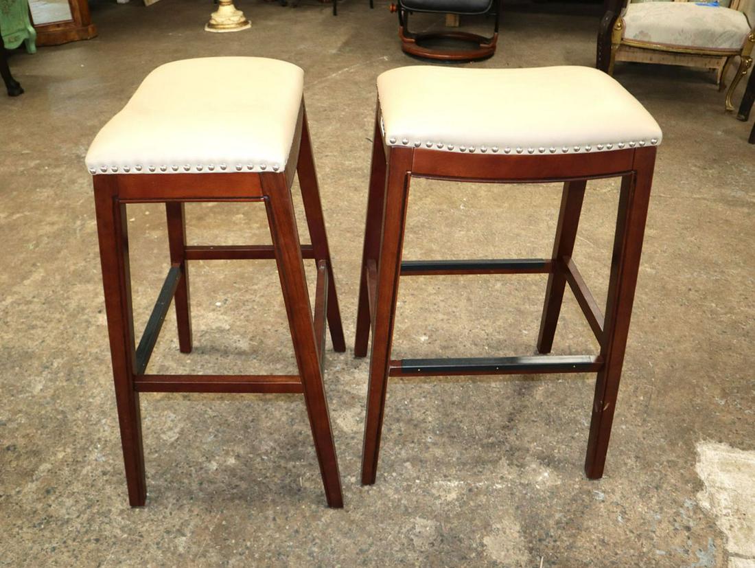 Pair of mahogany frame leather tacked barstools (1 of 3)