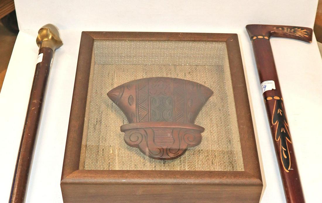 3pc lot of 2 wooden canes and African artifact in case (1 of 5)