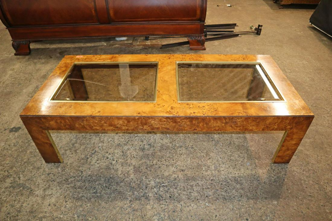 MCM Thomasville burl yule wood GT coffee table: Mid Century Modern Thomasville burl yule wood with smoked glass insert brass trim coffee table approx. 58" w x 28" d x 15" h