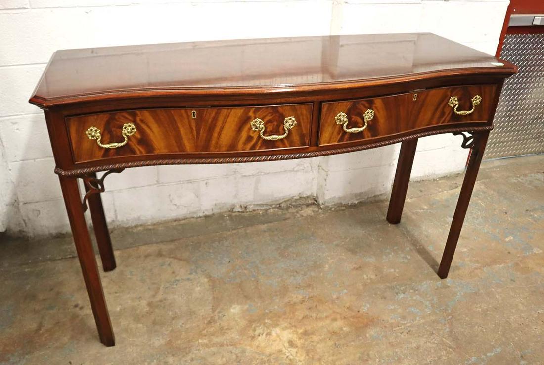 Beautiful Council burl mahogany brandy board: Beautiful Council burl mahogany Chippendale style 2 drawer brandy board approx. 59" w x 23" w x 36" h