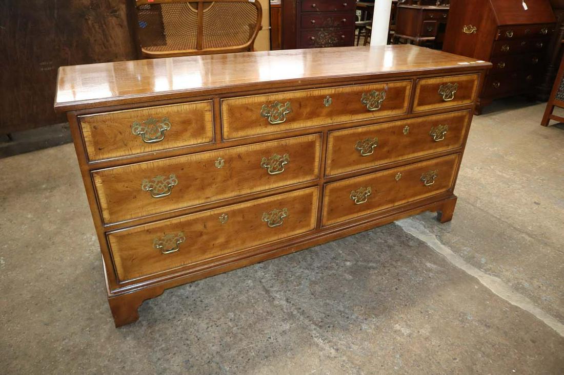Henredon burl mah banded 7 drawer dresser: Henredon burl mahogany and banded 7 drawer bracket foot dresser approx. 64" w x 20" d x 32" h