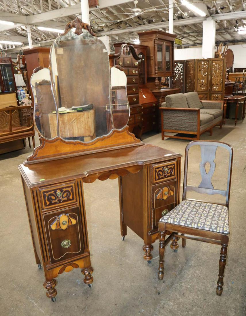 2pc Depression walnut 2 tone vanity and chair (1 of 3)