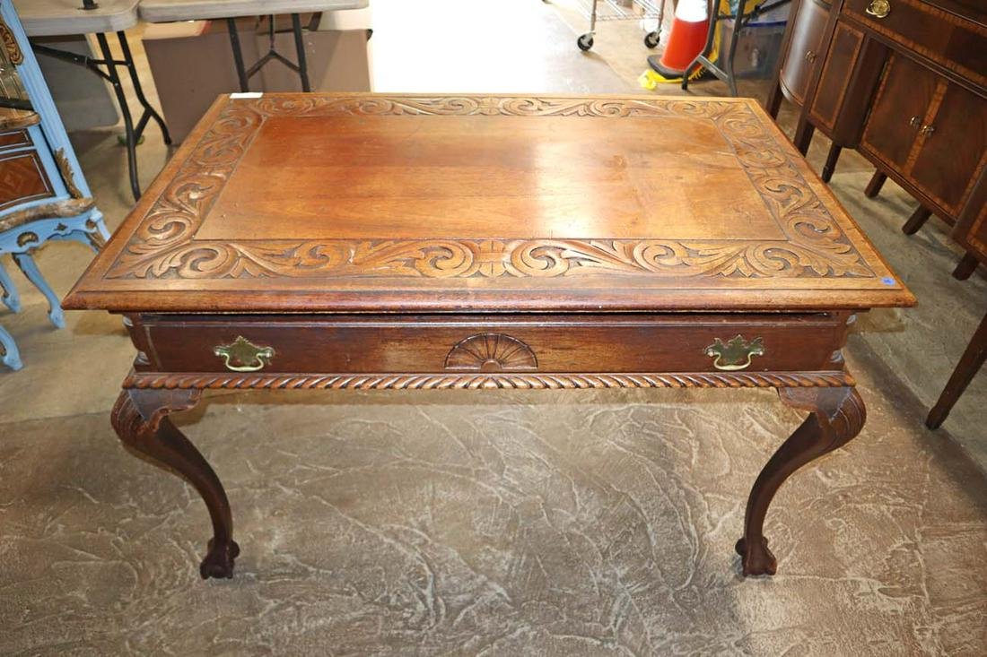 Antiqe Solid mahogany carved top desk (1 of 4)