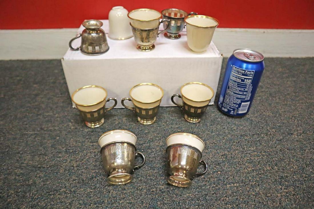 Set 8 green Lenox demitasses w/sterling bases: Set of 8 green marked Lenox demitasses with sterling silver bases
