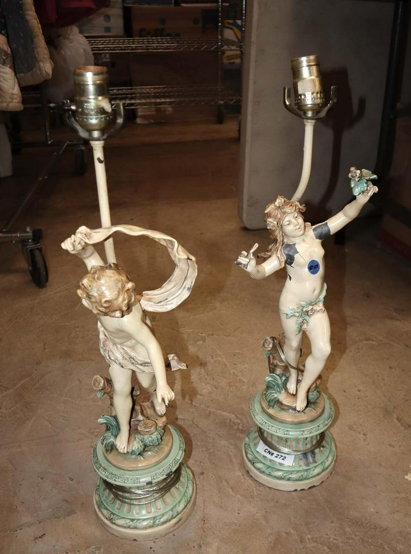 Pair semi antique metal paint deco figural lamps (1 of 2)