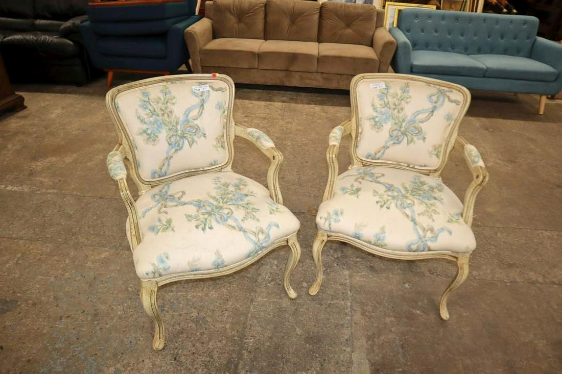 Pair of French style upholstered arm chairs: Pair of French style upholstered arm chairs approx. 24" w x 24" d x 33" h