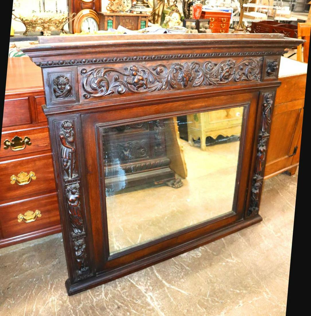 Antique figural carved sol mah mantle mirror: Antique figural carved solid mahogany mantle mirror approx. 51" w x 5" d x 43" h