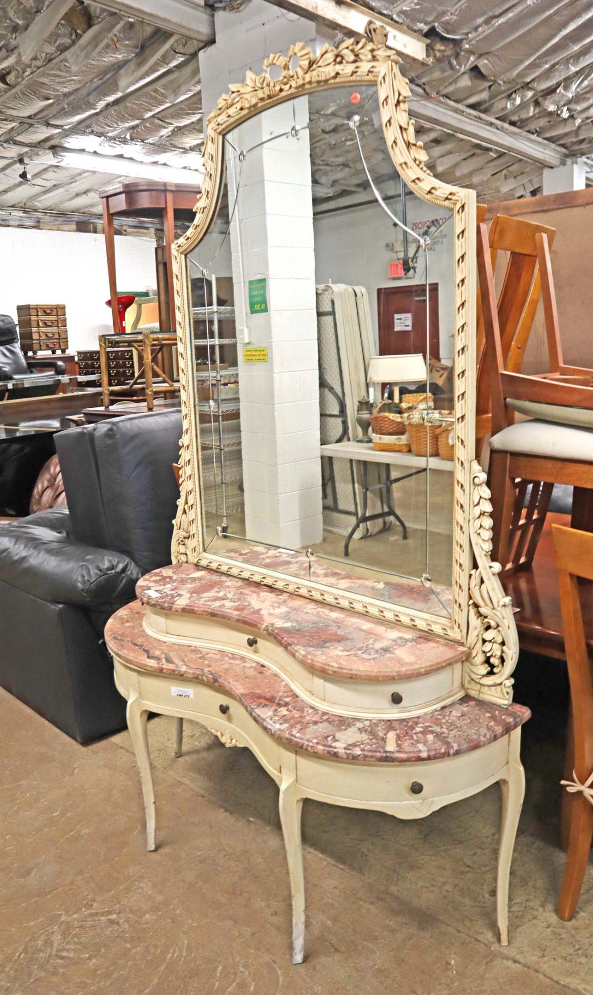 Antique 2pc 2 tier MT vanity w/pt deco frame: Antique 2pc 2 tier marble top vanity with a paint decorated frame, 1 marble has been repaired approx. 52" w x 17" d x 86" h