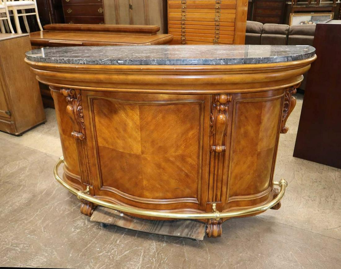 Contemporary MT half moon bar with brass railing: Contemporary burl walnut/mahogany marble top 1/2 moon shape bar with brass railing, drawer, doors, key and marble cutting board drawer approx. 72" w x 27" d x 44" h