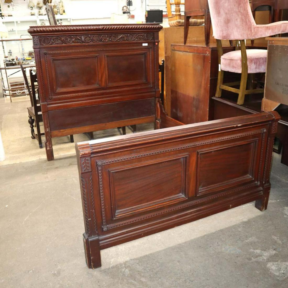 Antique Victorian full size bed with rails: Antique Victorian carved burl mahogany full size bed with rails approx. 62" w x 81" d x 62" h