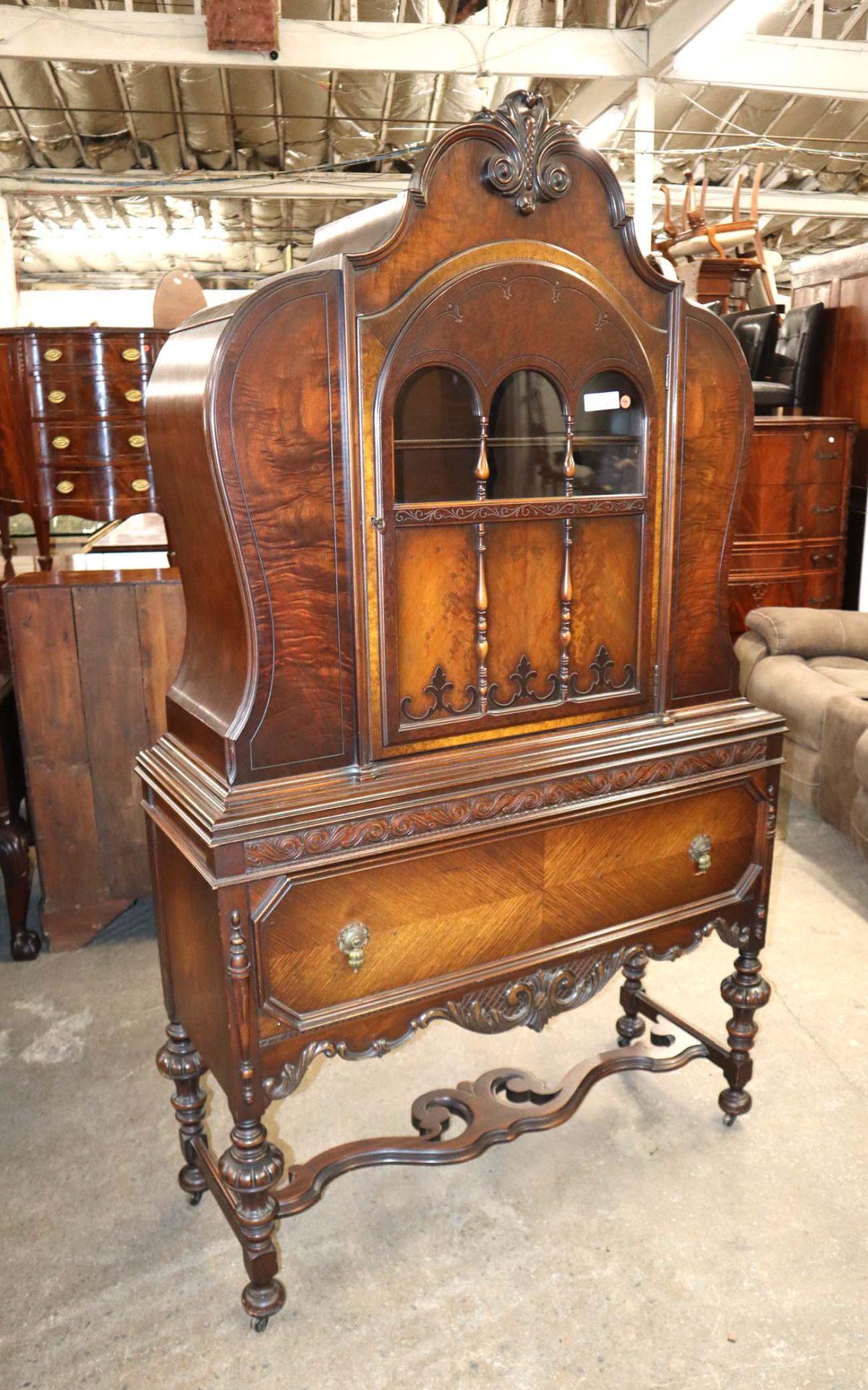 Antique depression burl wal/oak china cabinet: Antique depression fancy burl walnut and oak china cabinet with key approx. 44" w x 17" d x 75" h