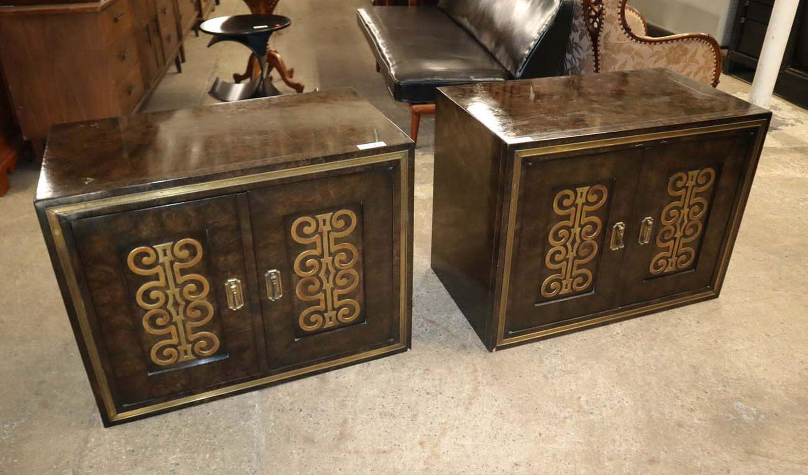 PR MasterCraft MCM burl walnut 2 door cabinets: Pair of MasterCraft mid century modern burl walnut 2 door with fitted drawer cabinets possibly designed for Baker Furniture approx. 33" w x 19" d x 26" h