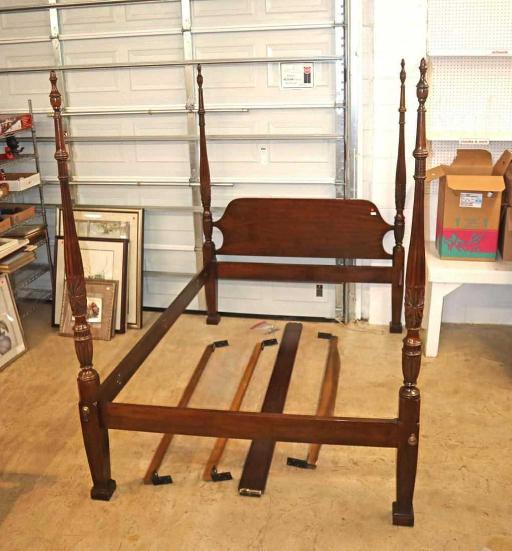 Quality Drexel mahogany queen size bed w/rails: Quality Drexel mahogany queen size 4 poster bed with bolt rails and all parts approx. 65" w x 87" d x 86" h