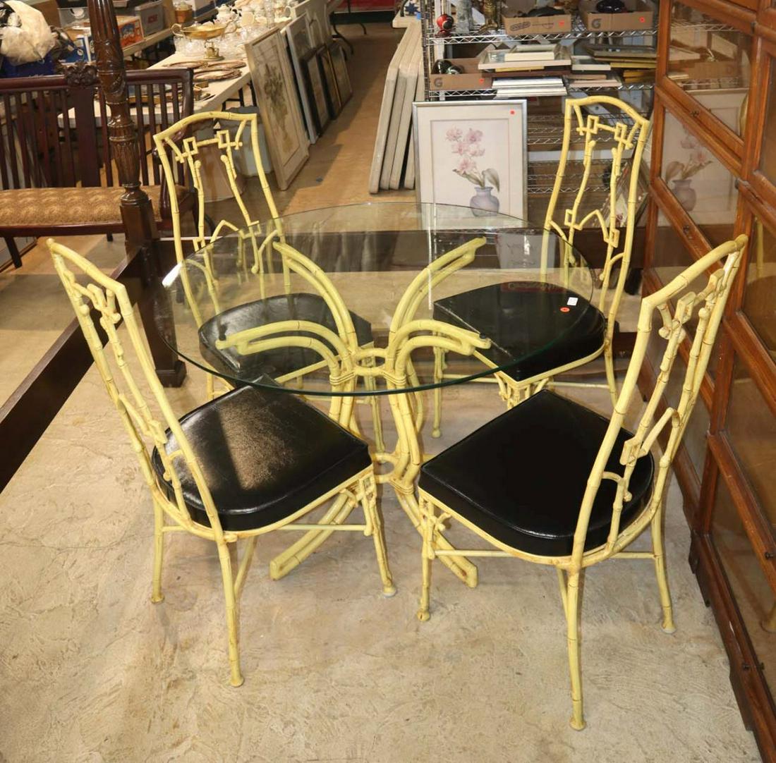 MCM Trojan glass top table + 4 chairs: Mid century modern 42" diameter Trojan Manufacturers NY 5pc breakfast set in the cast aluminum bamboo design in the desirable yellow, all original approx. Table: 42" diameter x 30" h Chairs: 17" w x 1