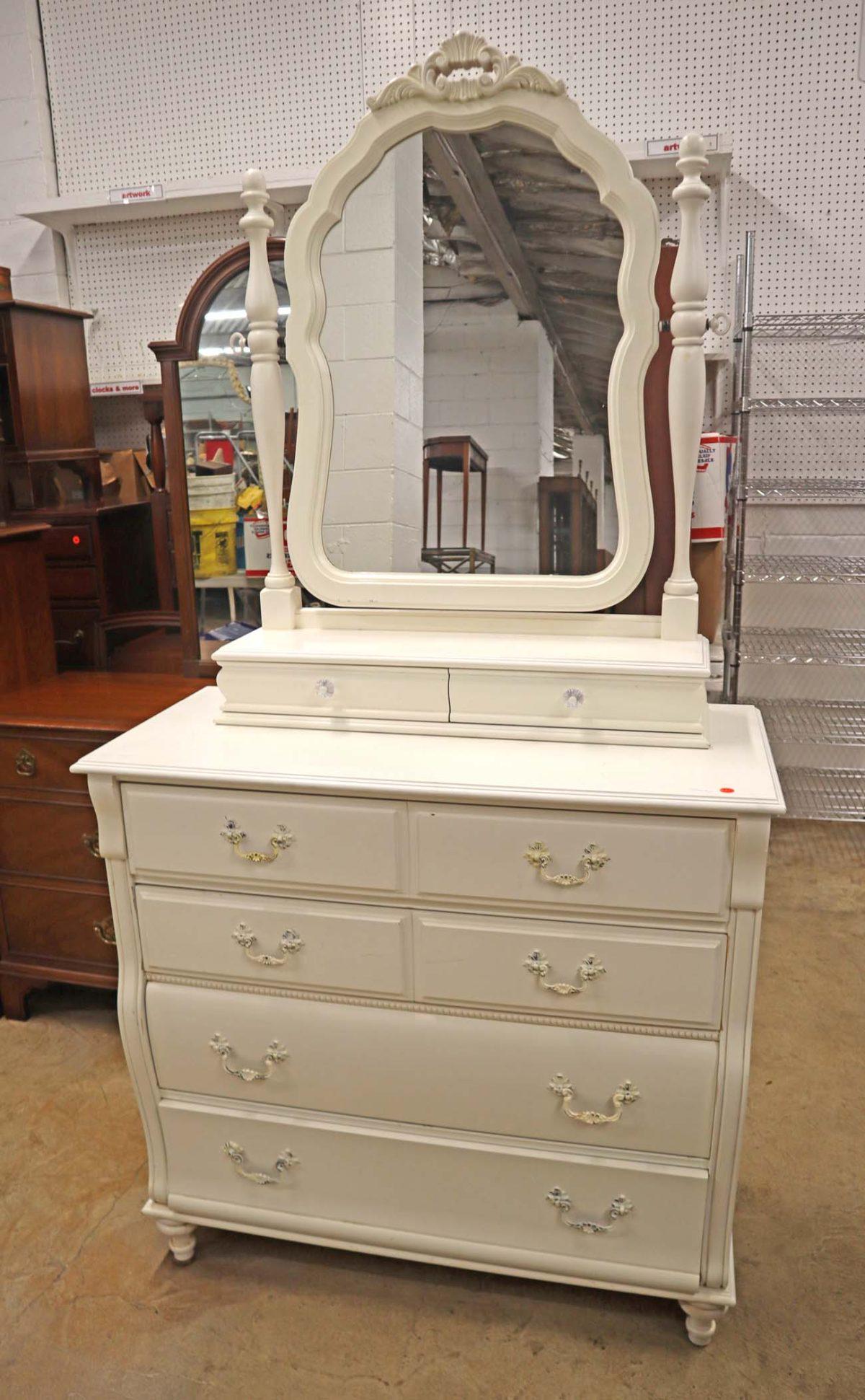 Stanley paint decorated chest with vanity mirror: Stanley paint decorated 4 drawer high chest with 2 drawer vanity mirror top approx. 40" w x 18" d x 79" h