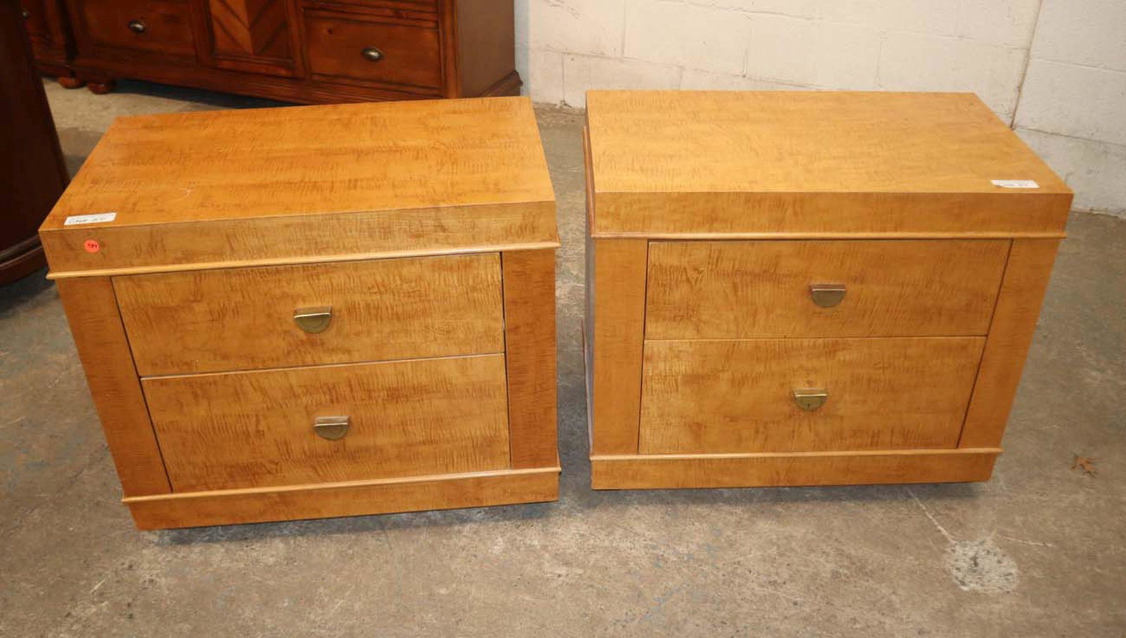 PR Lane tiger maple 2 drawer bedside stands: Pair of Lane modern style tiger maple 2 drawer bedside stands approx. 28" w x 18" d x 24" h