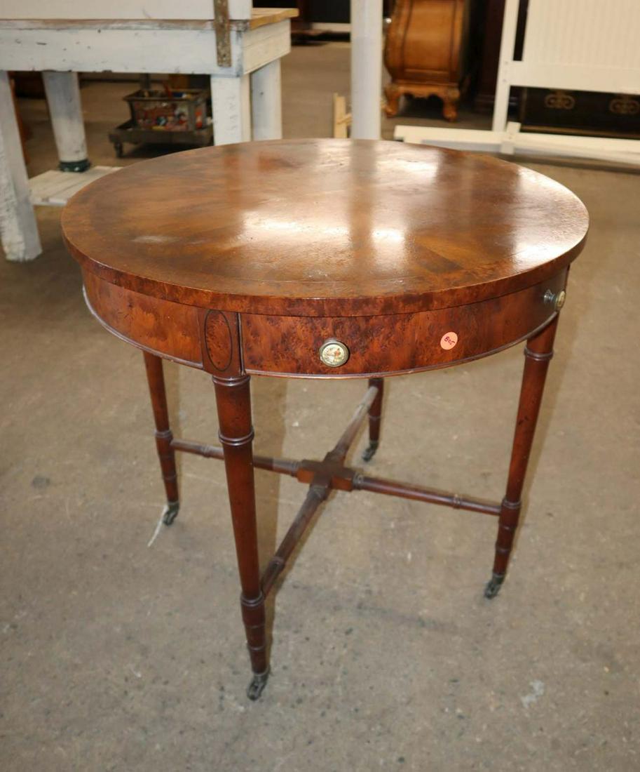 Burl mahogany round 1 drawer lamp table: Burl mahogany round 1 drawer lamp table needs cleaning approx. 26" diameter x 25" h