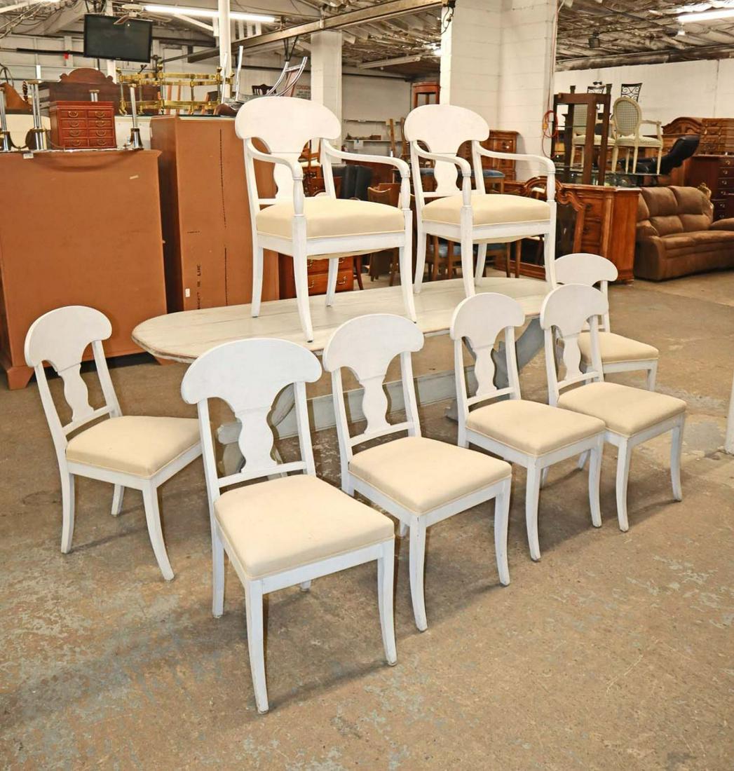 Country farm style 9pc dining room set: 9pc Country farm style oval cross buck dining room table and 8 chairs in the pine with a soft blue washed finish approx. Table: 89" w x 36" d x 30" h Arm Chairs: 22" w x 20" d x 36" h Side Chairs: 17"
