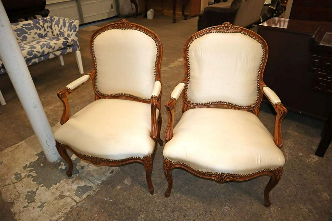 PR FR style walnut frame upholstered arm chairs (1 of 3)