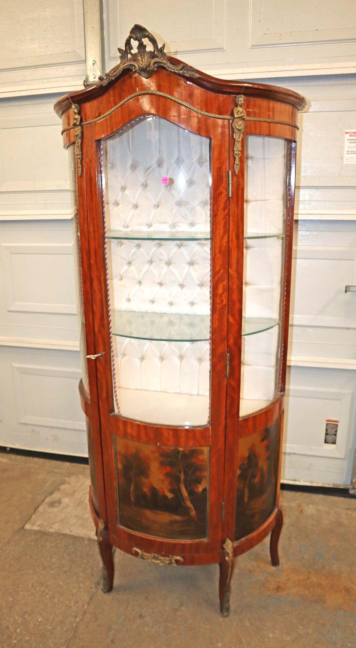 Vintage French bow front inlay curio with bronze (1 of 7)