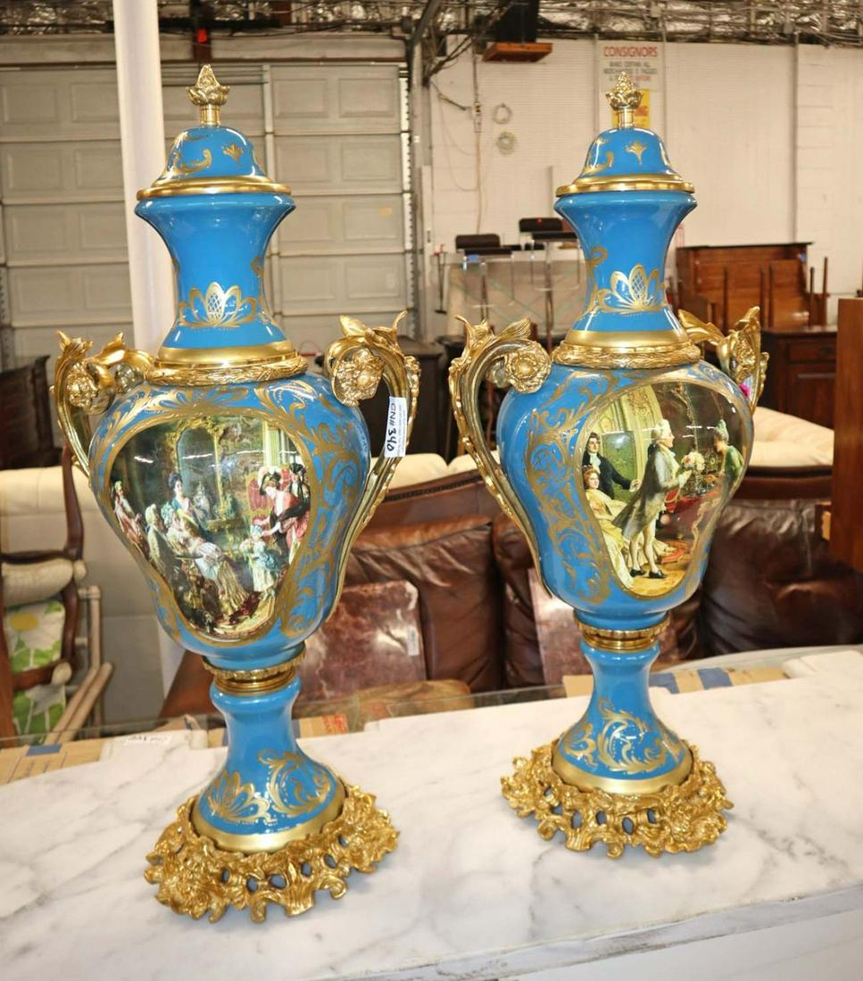 Pair Sevres style porcelain & bronze signed urns (1 of 7)
